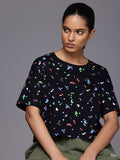 HRX by Hrithik Roshan Geometric Printed Drop-Shoulder Sleeves Pure Cotton Boxy T-shirt