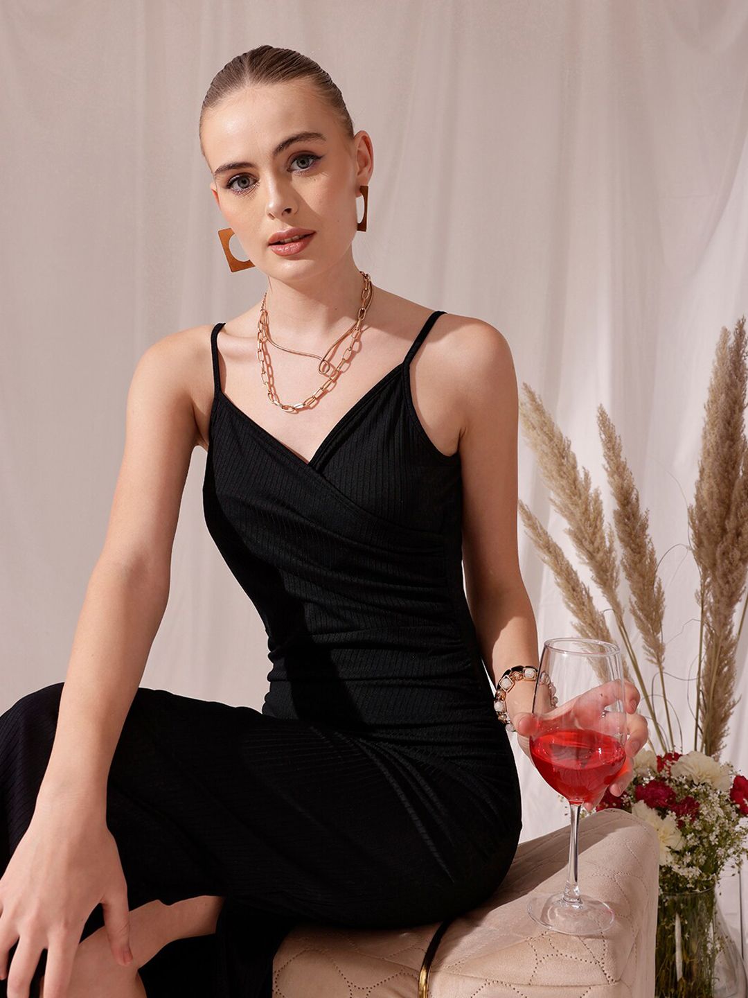 STREET 9 Shoulder Strap V Neck Sheath Midi Dress