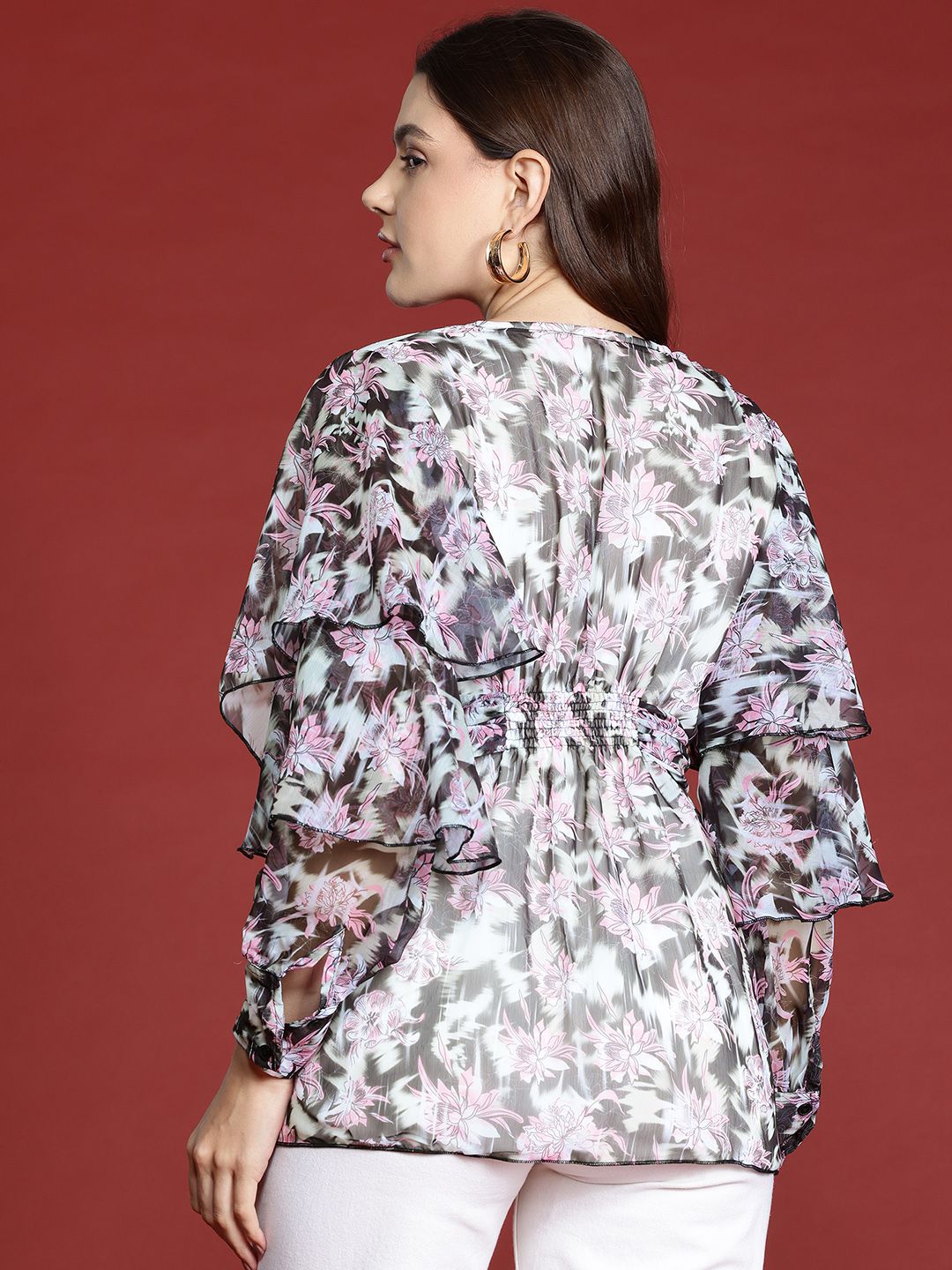 all about you Floral Print Puff Sleeves Ruffles Peplum Top