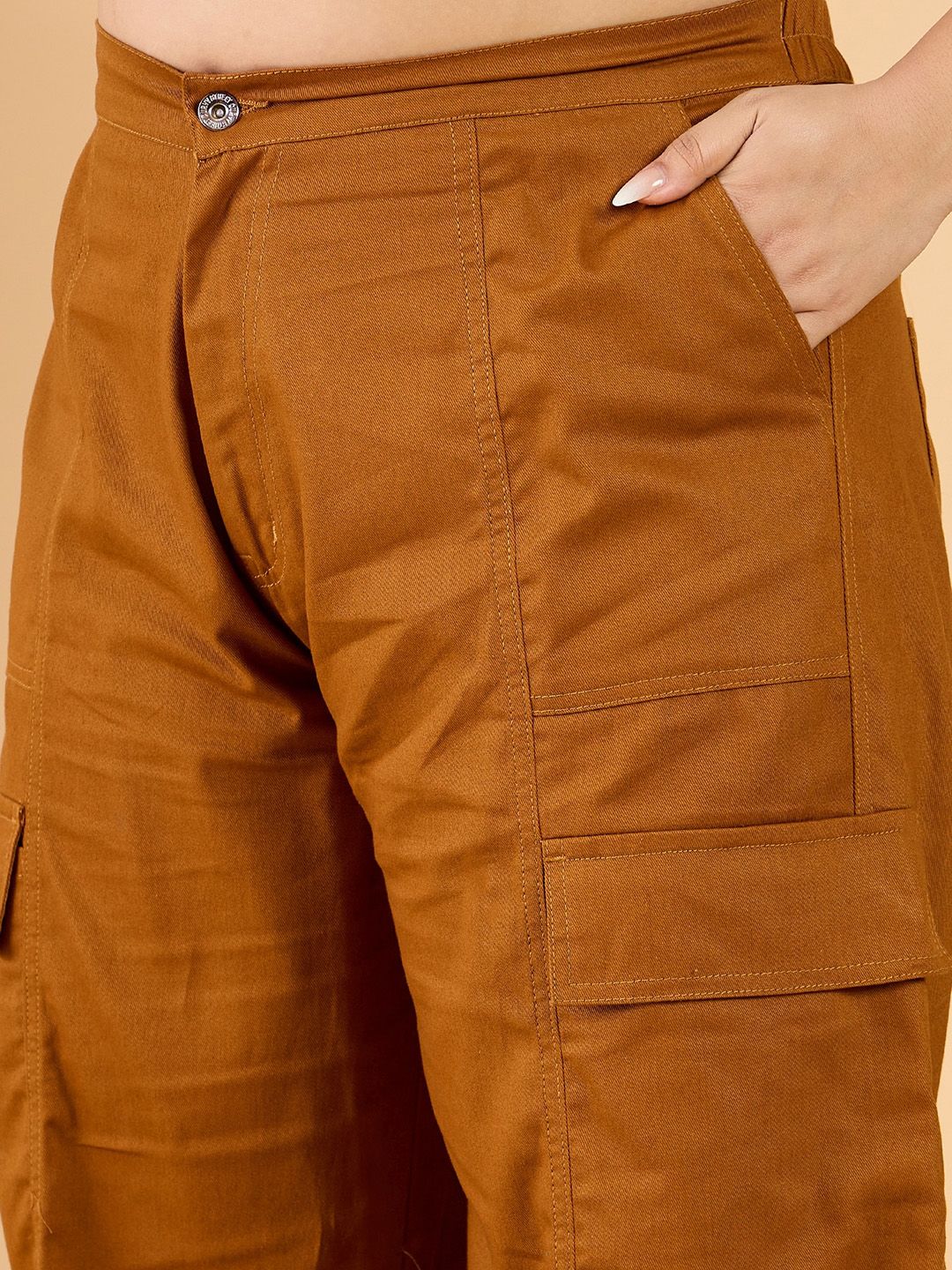 CURVY STREET Women Plus Size Brown Loose Fit Mid-Rise Plain Wide Leg Cotton Trousers