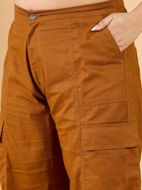 CURVY STREET Women Plus Size Brown Loose Fit Mid-Rise Plain Wide Leg Cotton Trousers
