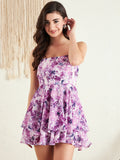 Berrylush White & Purple Floral Printed Layered Playsuit