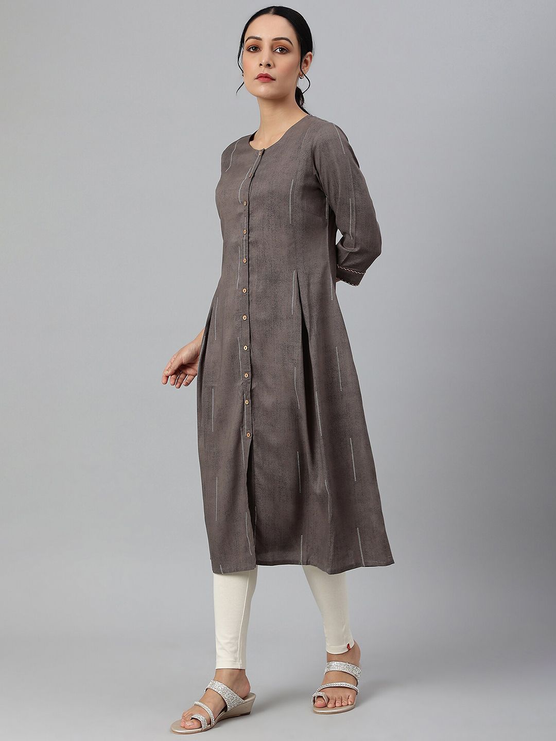 W Women Charcoal Grey Button Down Pleated Kurta