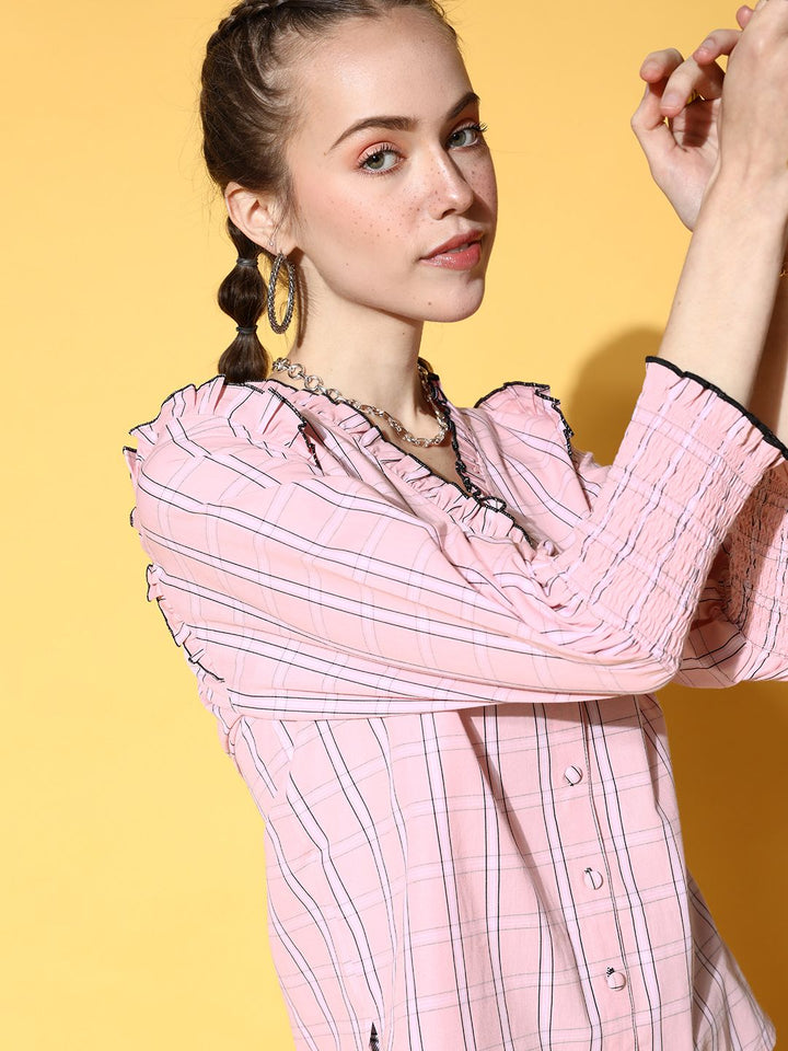 Antheaa Women Pure Cotton Pretty Pink Checked Summer Gingham Top