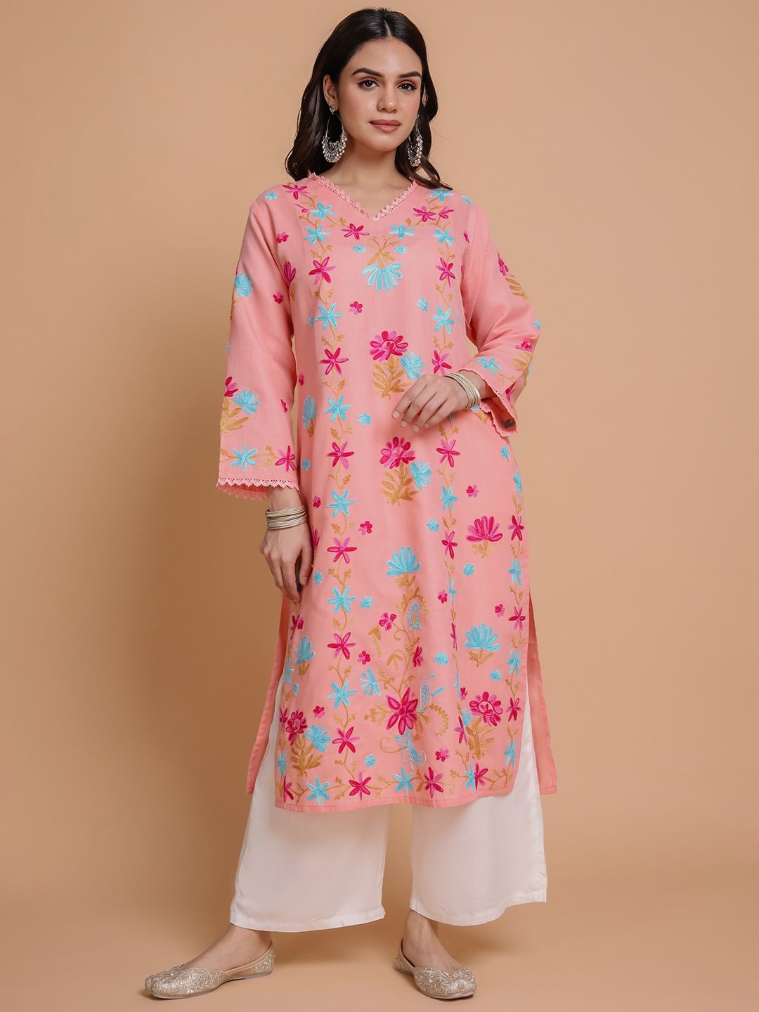 HOUSE OF KARI Floral Embroidered Pastels Cotton Straight Kurta