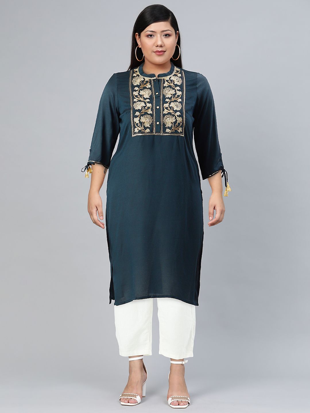 AURELIA Women Teal & Gold-Toned Yoke Design Thread Work Kurta