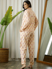 SANSKRUTIHOMES Women Cream-Coloured & Red Printed Pure Cotton Night suit