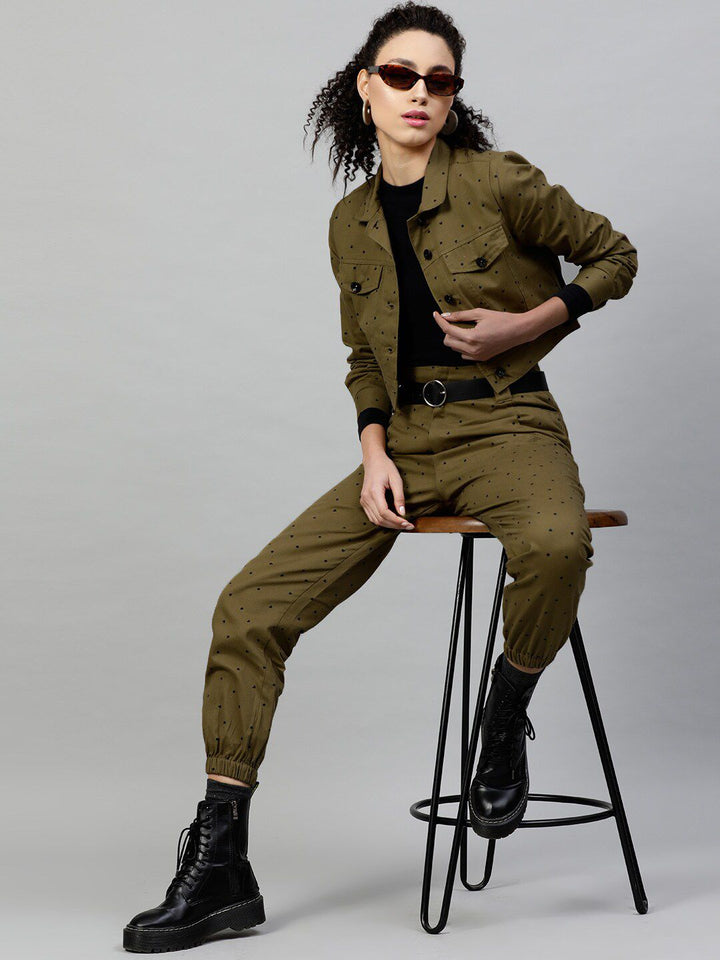 STREET 9 Women Olive Green & Black Regular Fit Printed Joggers