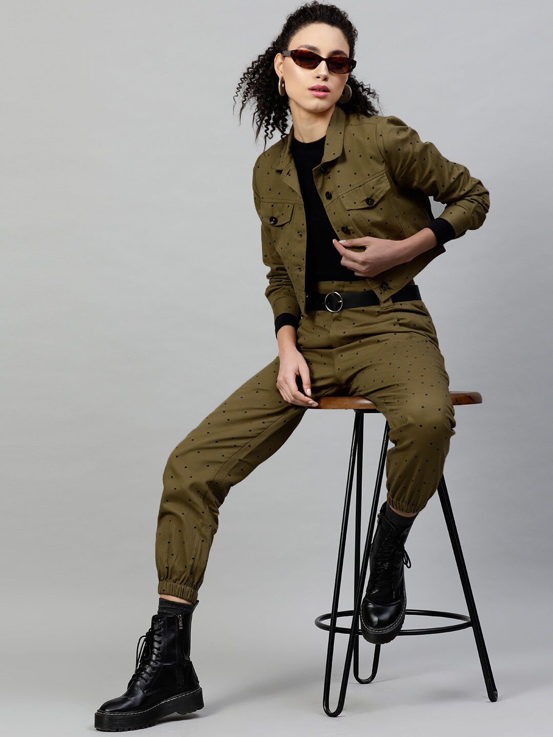 STREET 9 Women Olive Green & Black Regular Fit Printed Joggers