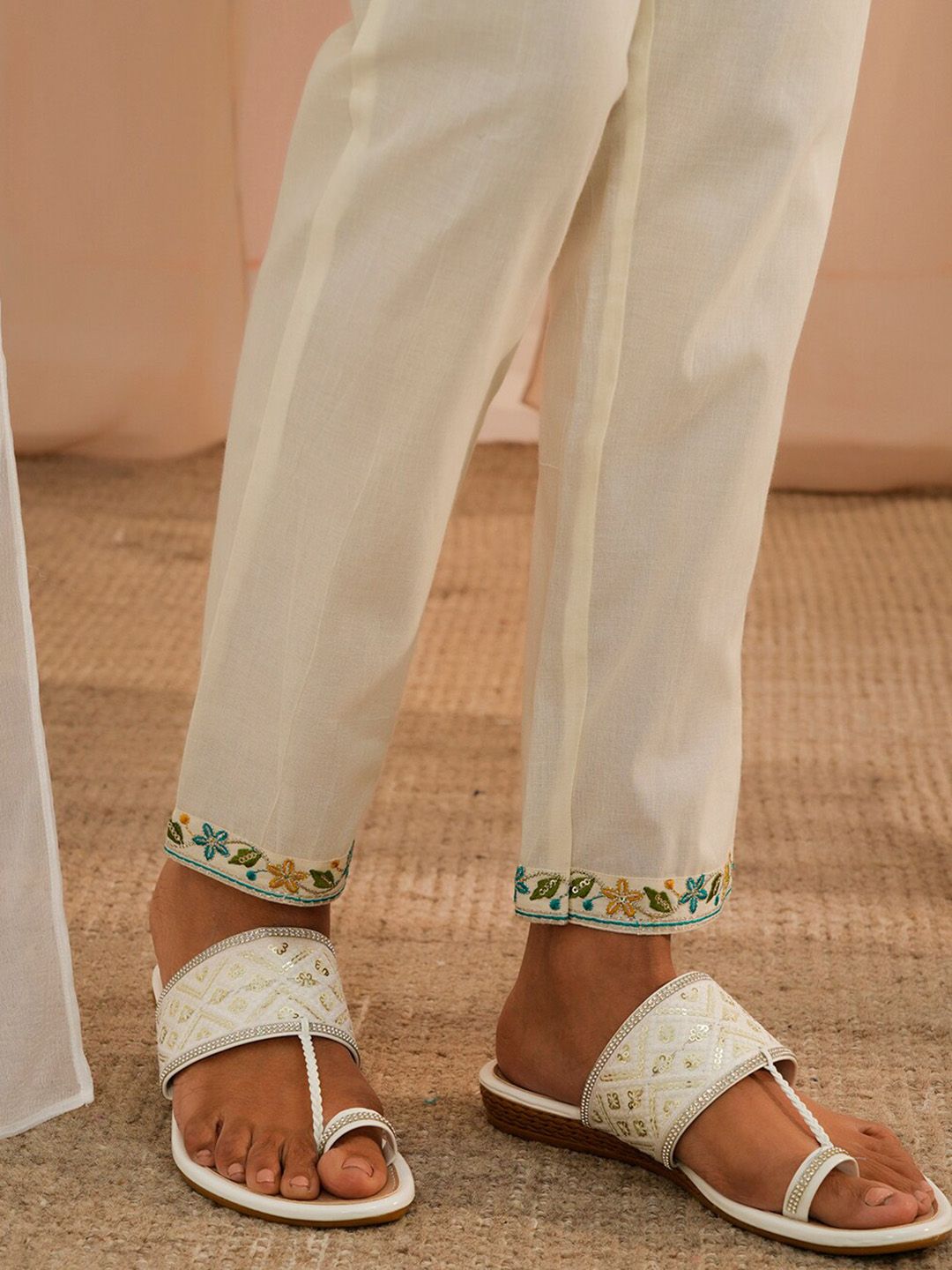 Libas Floral Yoke Design Regular Thread Work Pure Cotton Kurta With Trousers & Dupatta