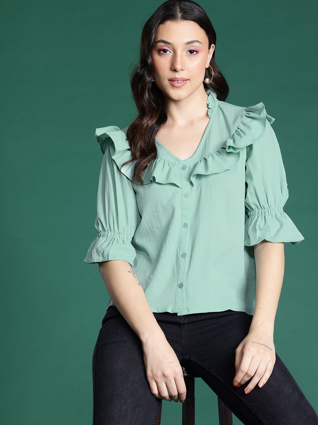 DressBerry Puff Sleeve Ruffles Shirt Style Top