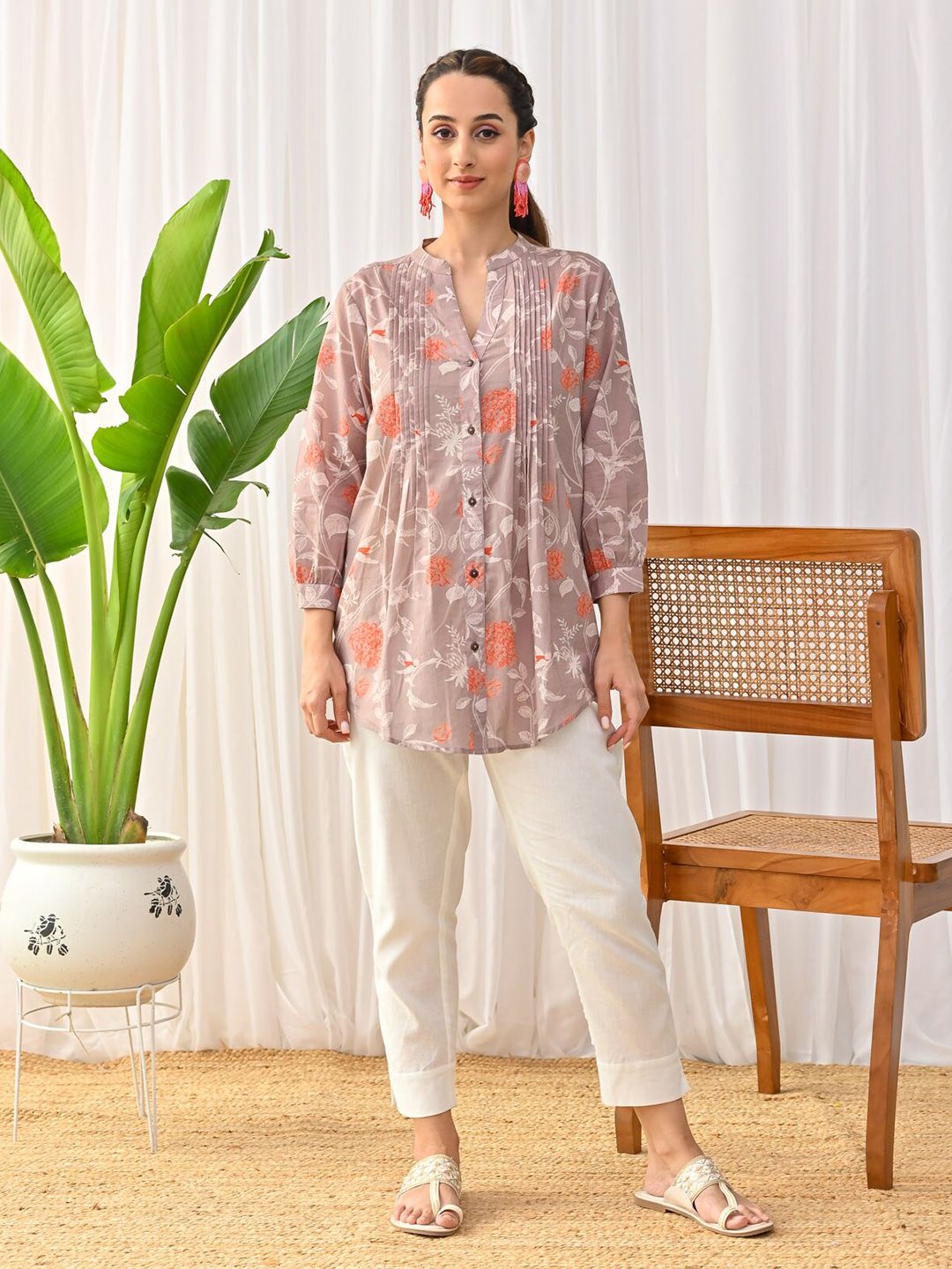 Rustorange Floral Printed Cotton Mandarin Collar Tunic