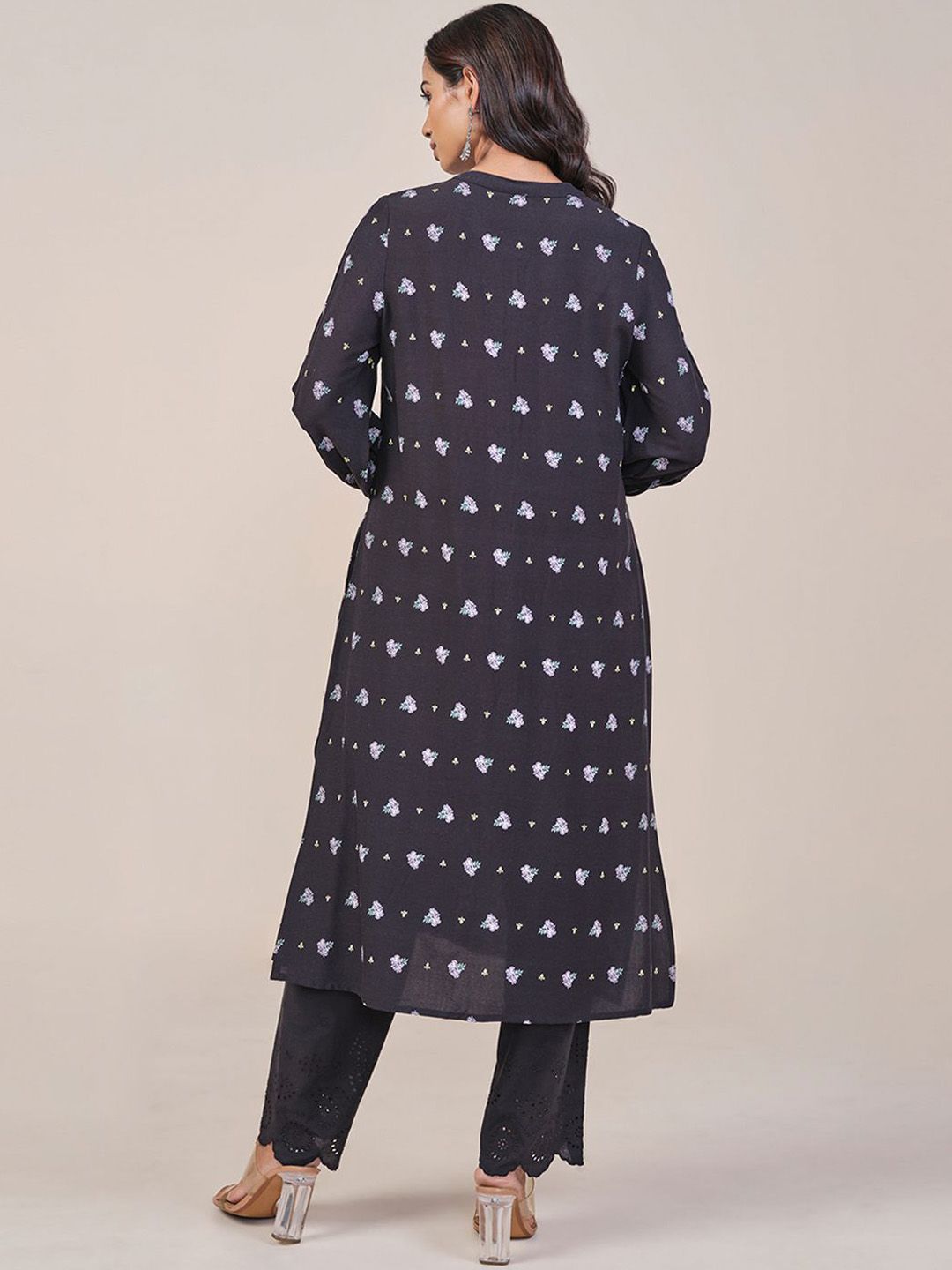 Global Desi Floral Printed Band Collar A-Line Kurta