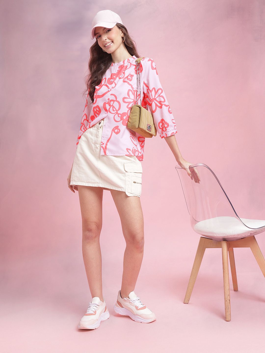 DressBerry Floral Print Band Collar Shirt Style Top