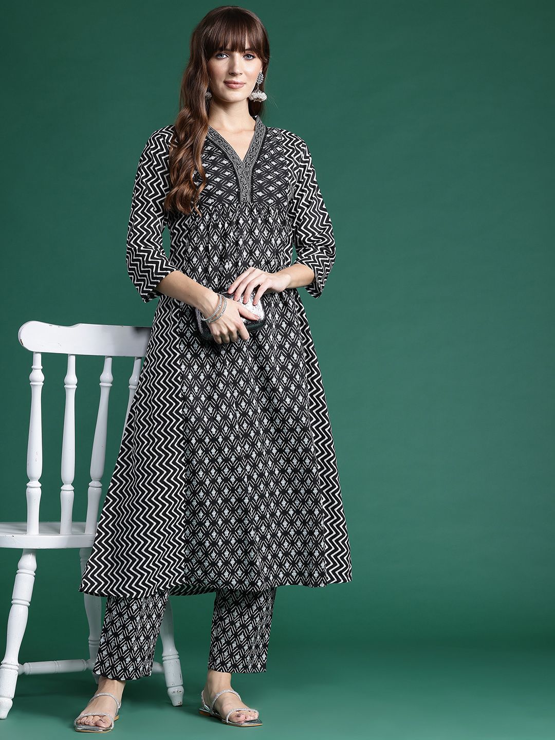 Indo Era Printed Panelled Pure Cotton Kurta with Trousers