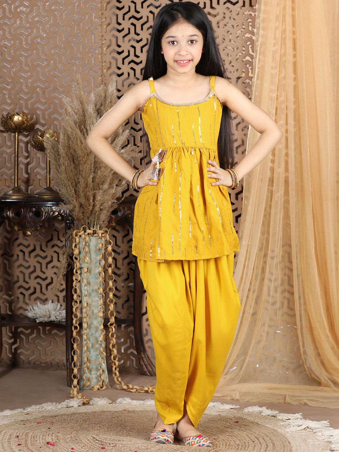 Cutiekins Girls Mustard Yellow Sequinned Peplum Top with Dhoti Pants