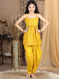 Cutiekins Girls Mustard Yellow Sequinned Peplum Top with Dhoti Pants