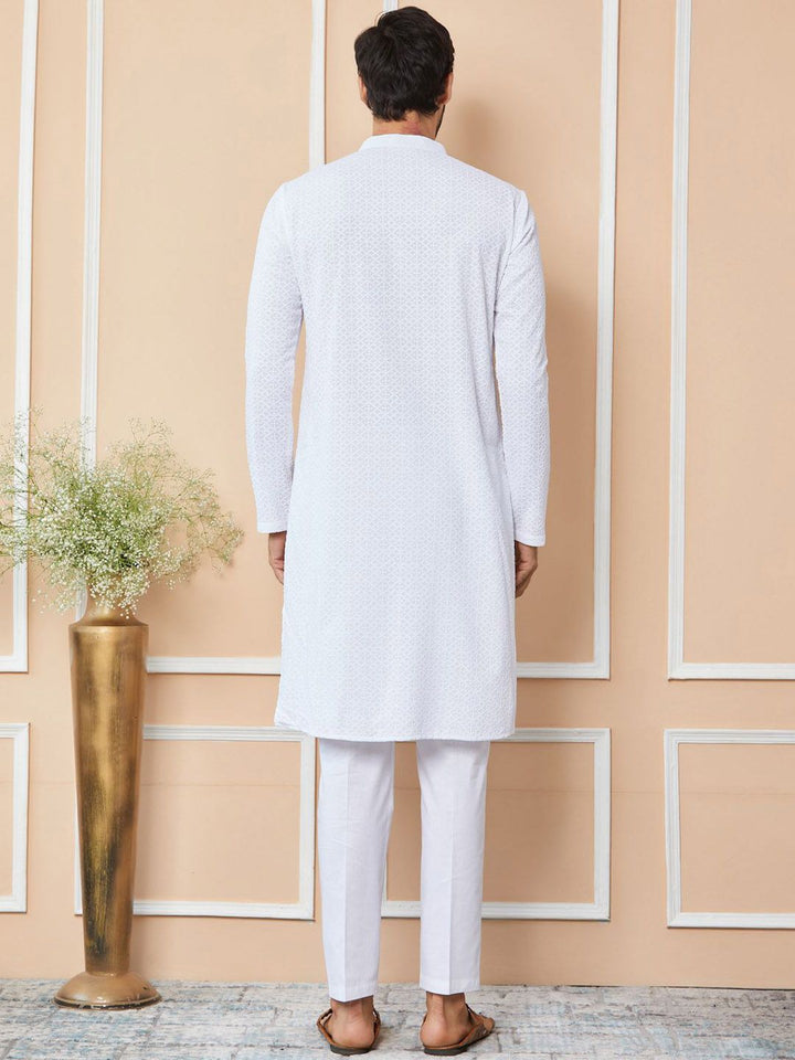 See Designs Floral Embroidered Mandarin Collar Pure Cotton Straight Kurta With Trousers