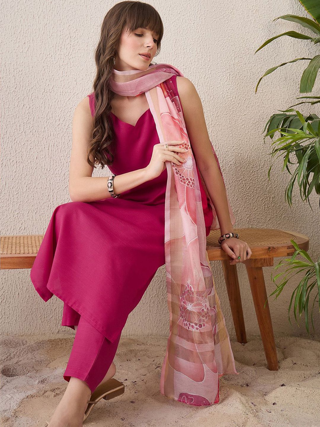 Indo Era Floral Printed Sweetheart Neck Cotton Straight Kurta With Trousers & Dupatta