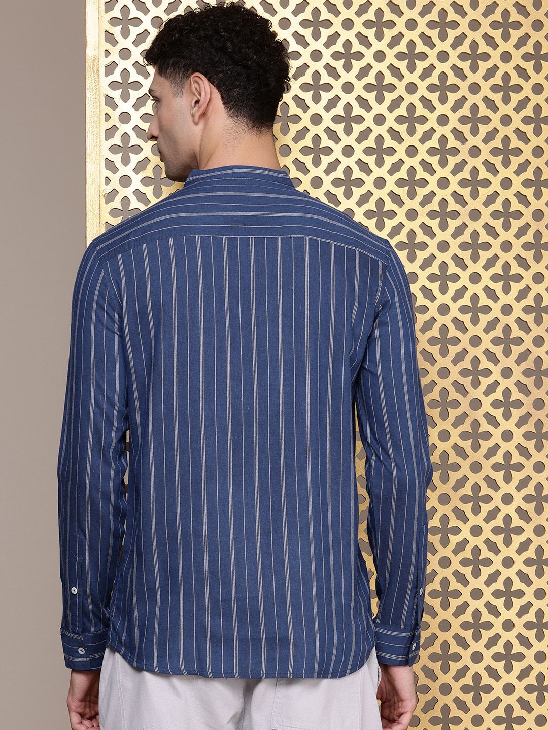 House of Pataudi Mandarin Collar Striped Rozana Kurta