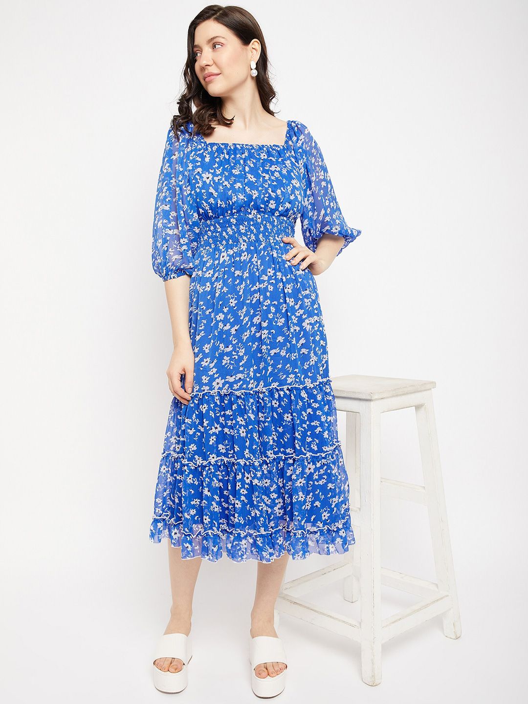 Antheaa Square Neck Floral Printed Smocked Tiered Chiffon Fit & Flare Midi Dress