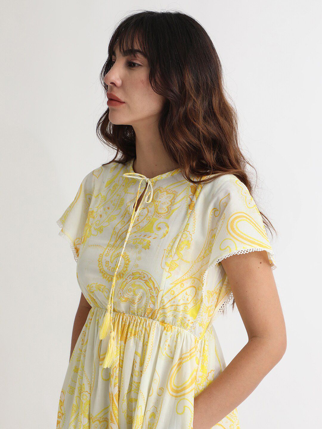 RAREISM Floral Printed Tie-Ups Detail Extended Sleeve Cotton Fit & Flare Midi Dress
