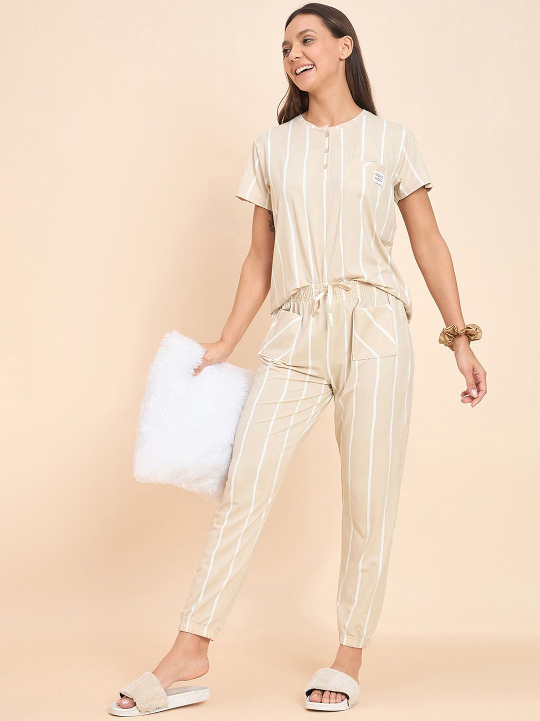 Sweet Dreams Beige Striped T-shirt With Pyjamas