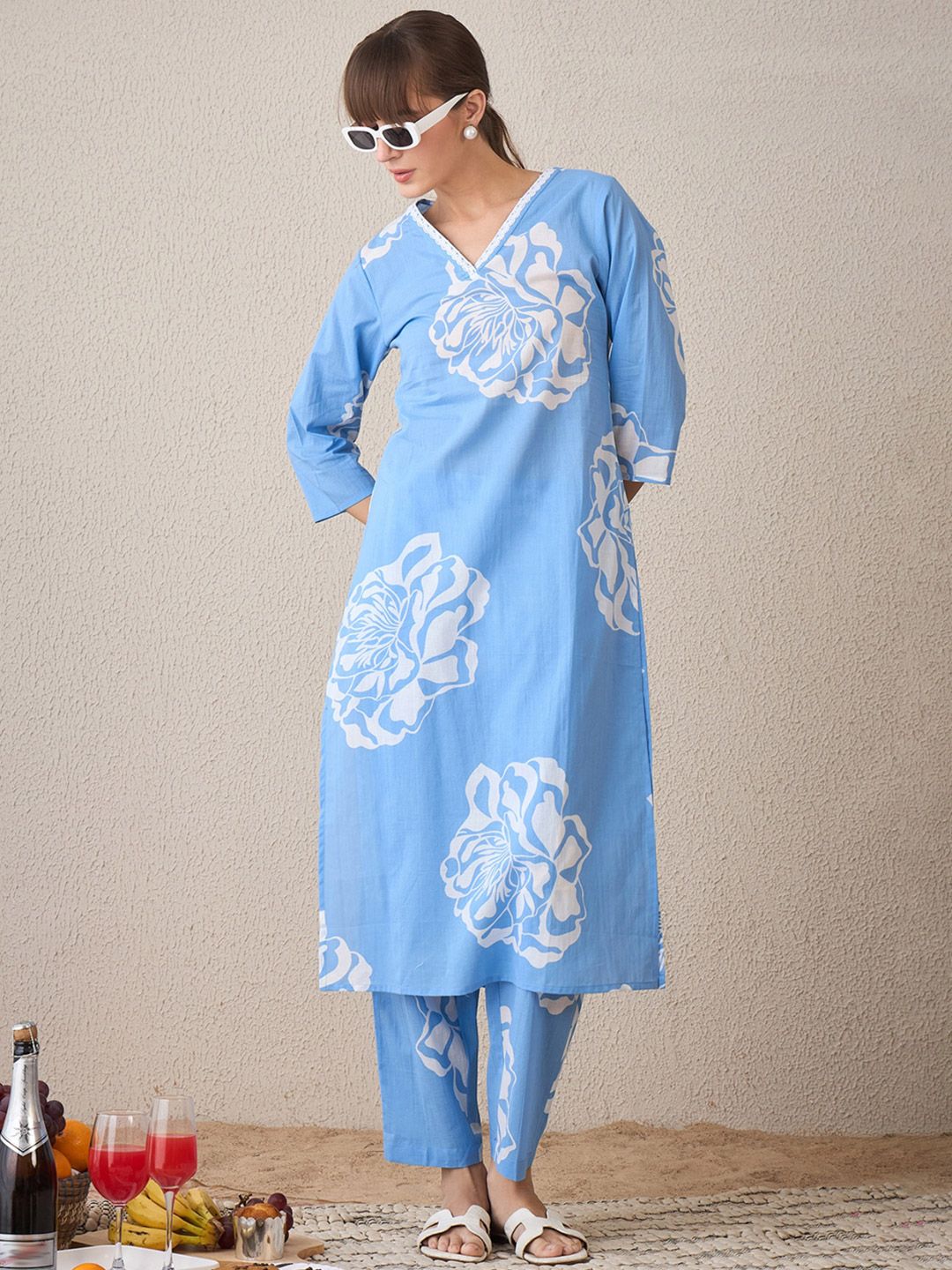 Indo Era Floral Printed V-Neck Pure Cotton Straight Kurta With Trousers