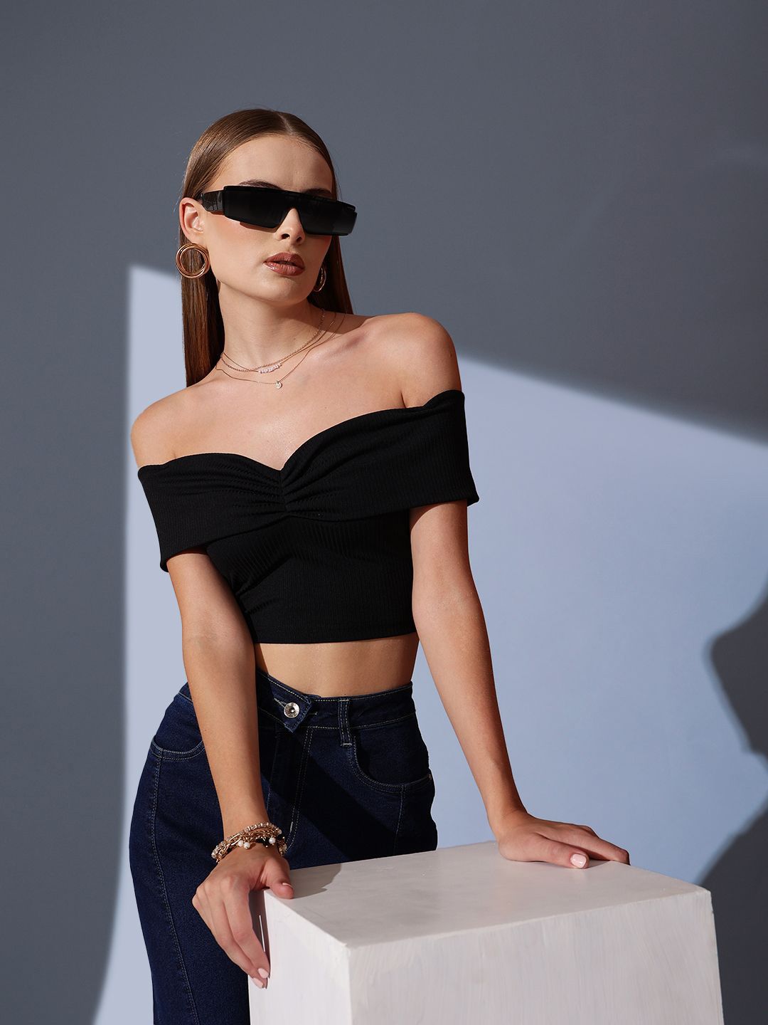 STREET 9 Off-Shoulder Solid Crop Bardot Top