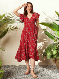 Berrylush Floral Printed V-Neck Flutter Sleeves Tie-Ups Midi Wrap Dress