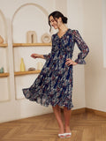 Berrylush Navy Blue Floral Printed Ruffled Chiffon A-Line Dress