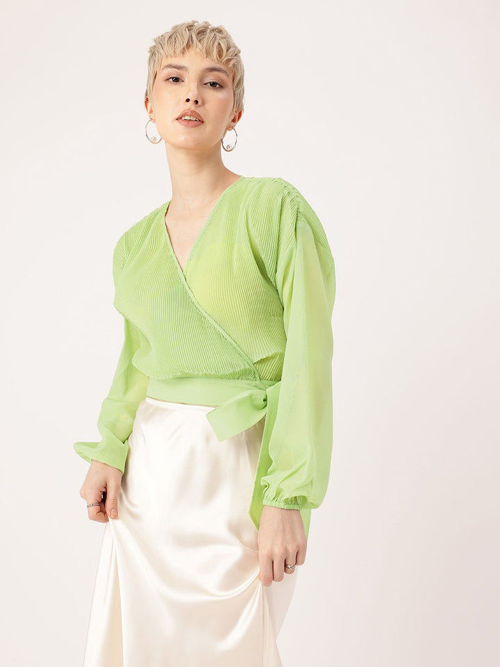 DressBerry Feminine Glam Accordion Pleats Drop Shoulder Wrap Top