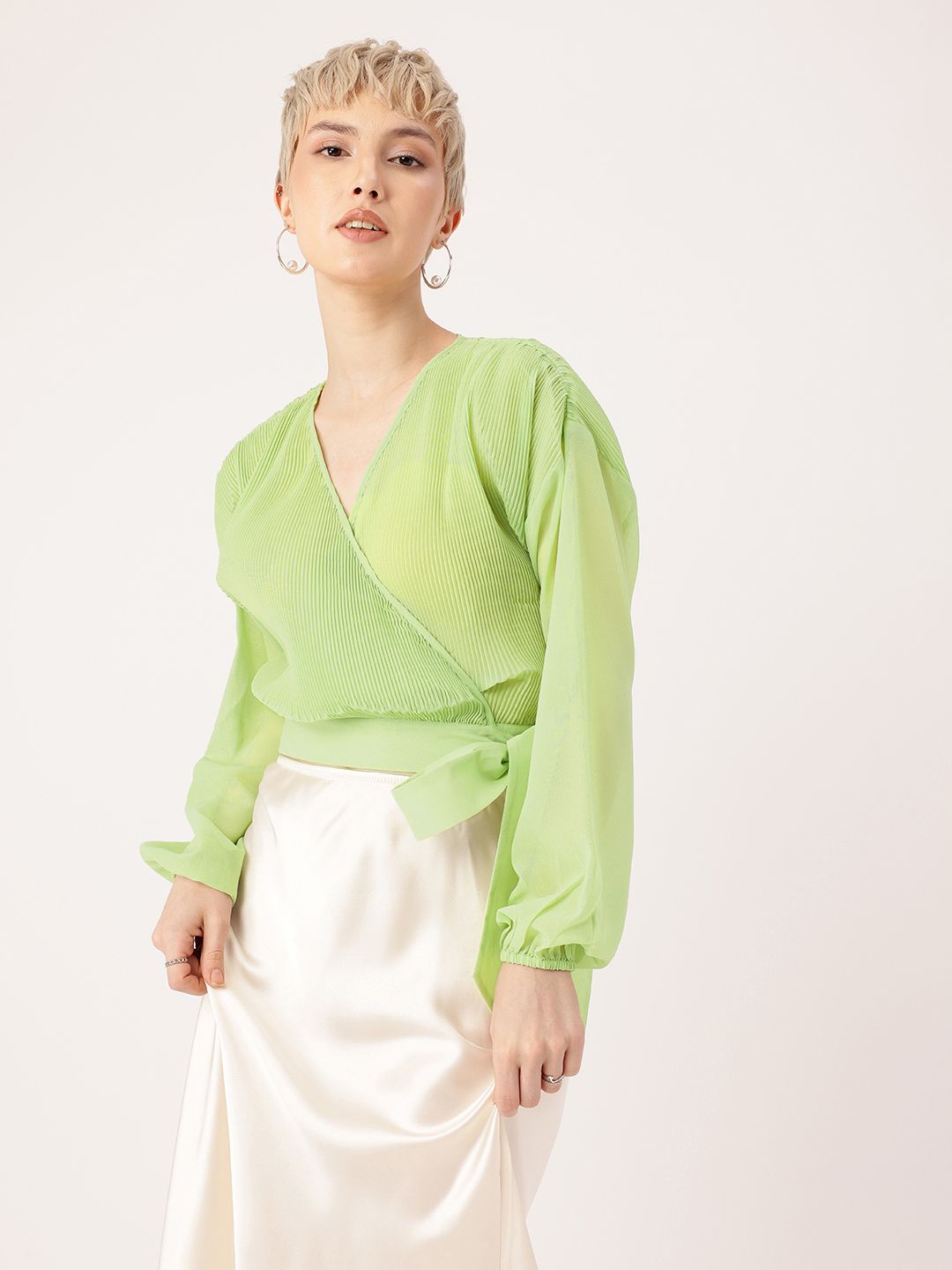 DressBerry Feminine Glam Accordion Pleats Drop Shoulder Wrap Top