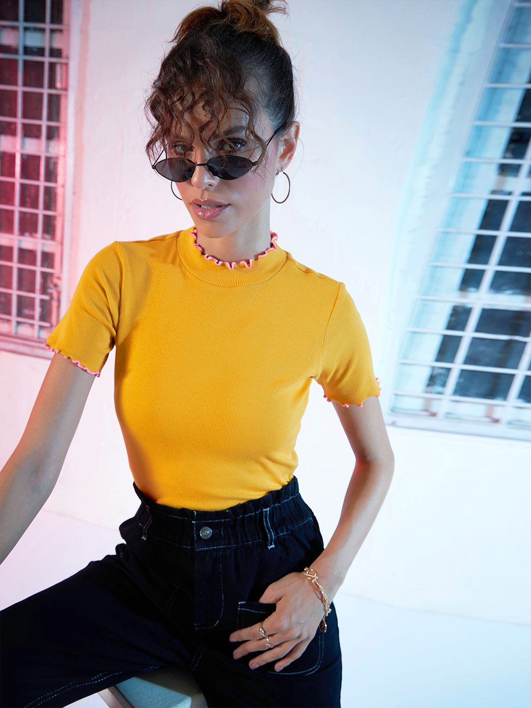 SASSAFRAS Mustard Yellow High-Neck Top