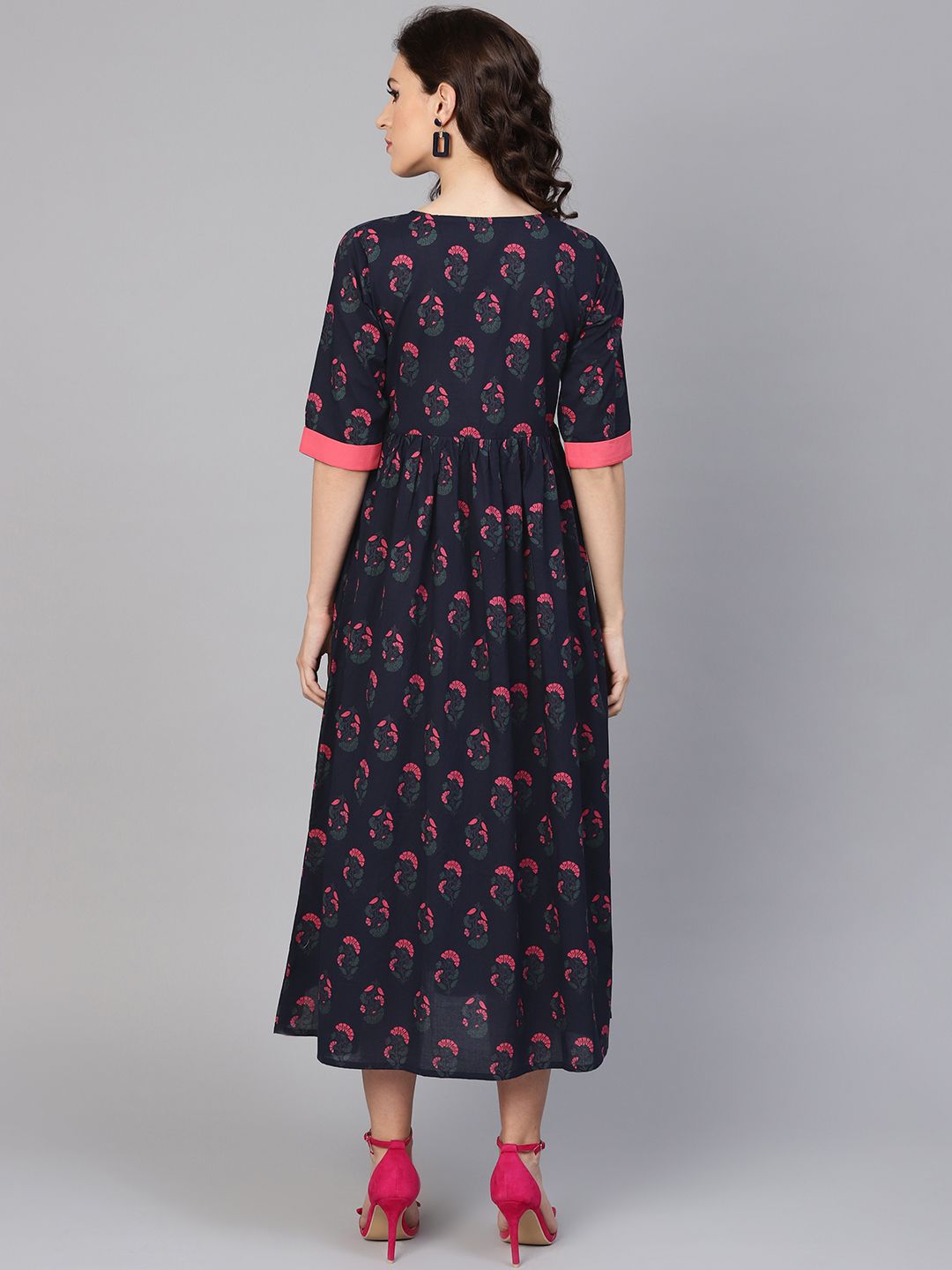 Gerua By Libas Women Navy Blue Pink Printed Midi A-Line Dress