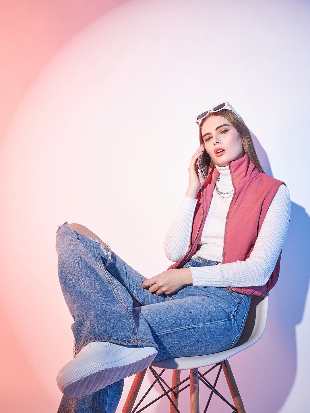 STREET 9 Pink Stand Collar Lightweight Sleeveless Crop Puffer Jacket