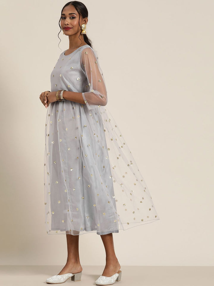 Shae by SASSAFRAS Grey & Gold-Toned Embellished Ethnic A-Line Midi Dress