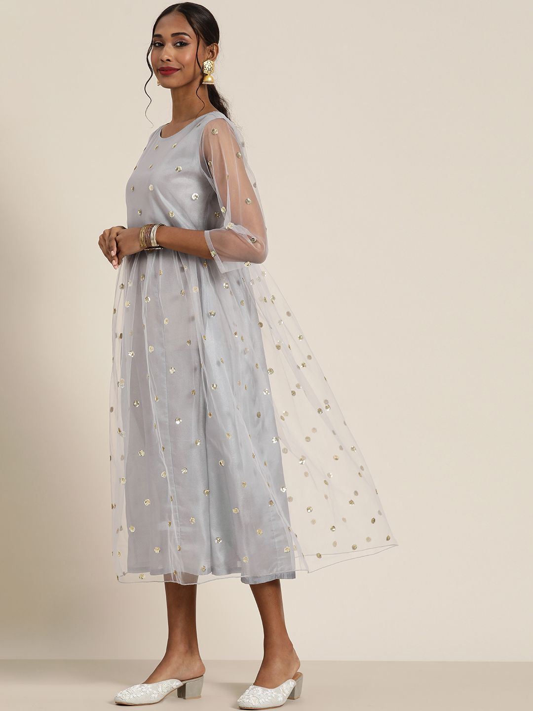 Shae by SASSAFRAS Grey & Gold-Toned Embellished Ethnic A-Line Midi Dress