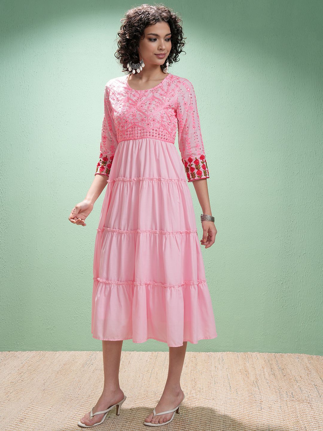 Vishudh Women Embroidered Fit and Flare Midi Dress