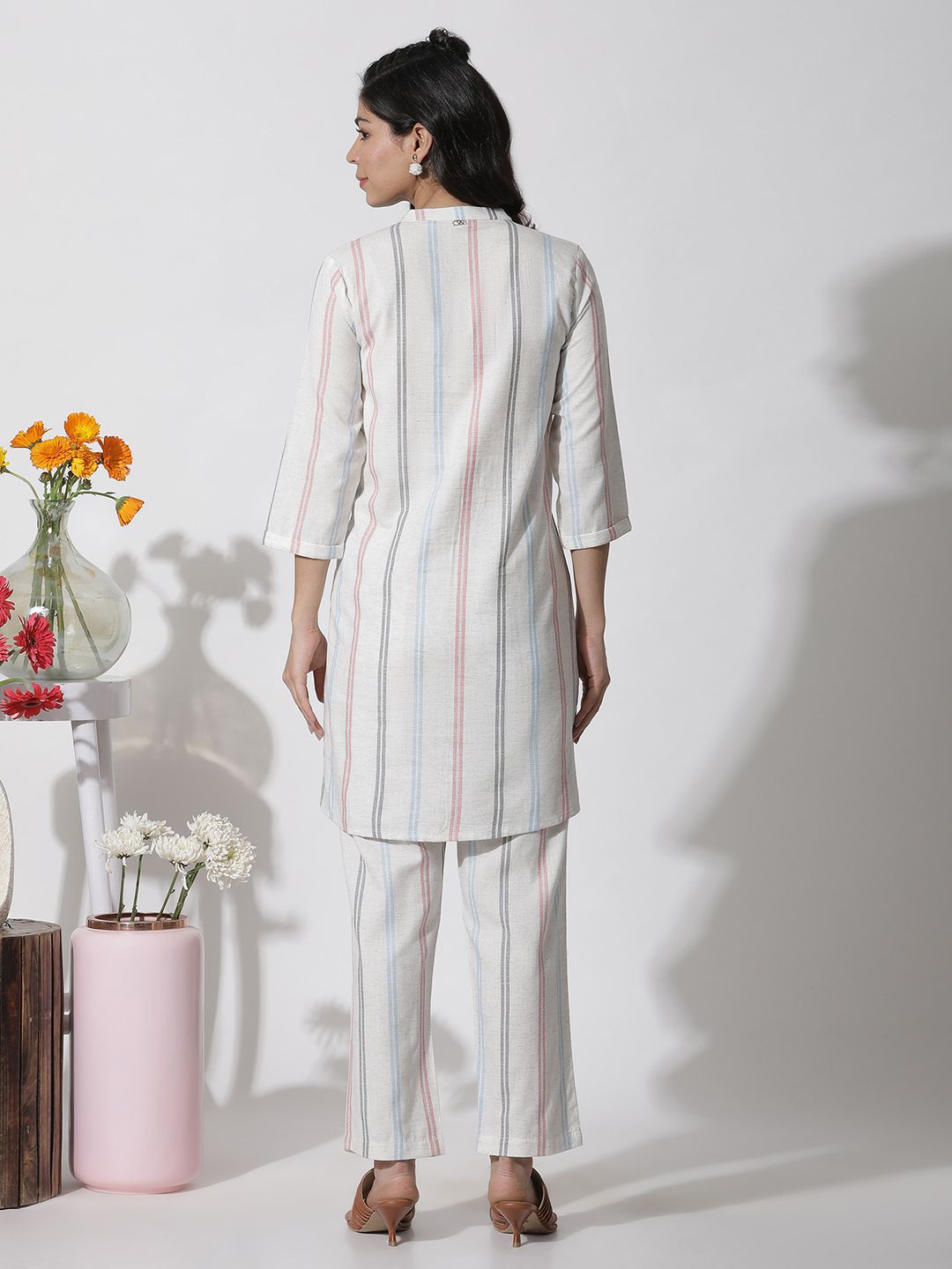 W Striped Mandarin Collar Tunic with Trouser