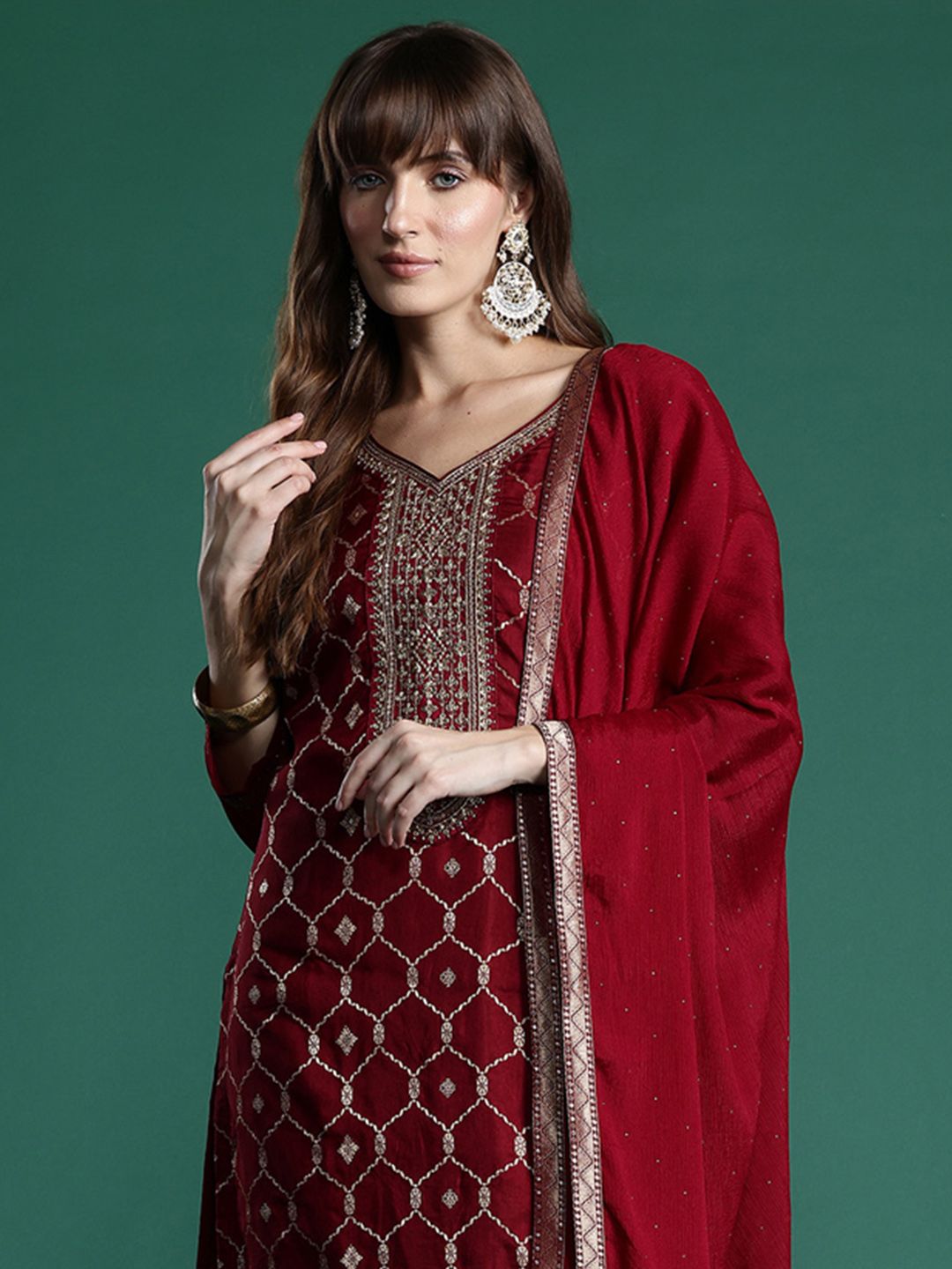 Indo Era Embroidered Jacquard Zari Kurta With Trousers & Dupatta