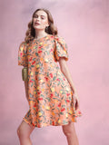 DressBerry Tropical Print Puff Sleeve A-Line Mini Dress