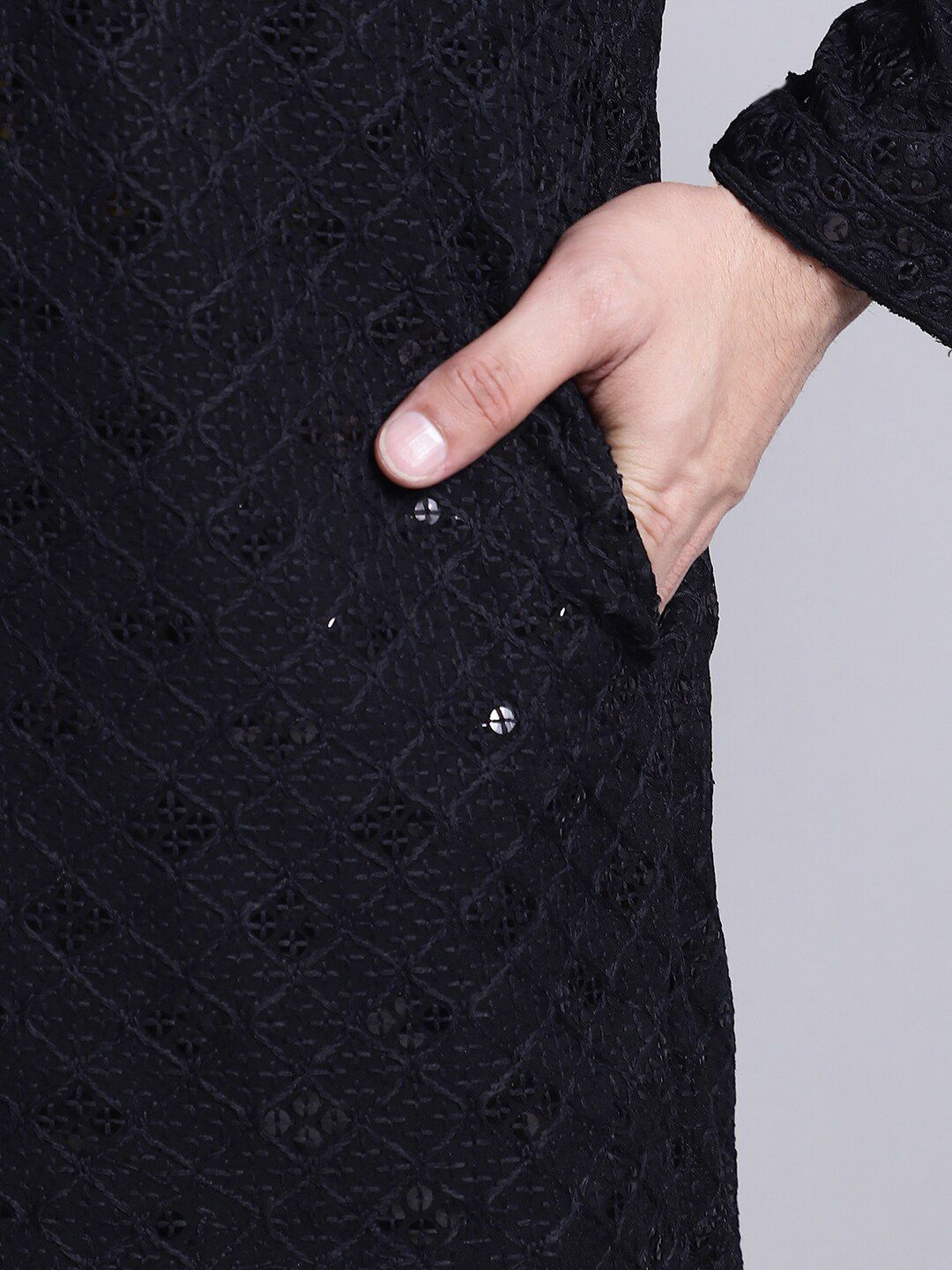 SOJANYA Embellished Mandarin Collar Sequinned Pure Cotton Kurta