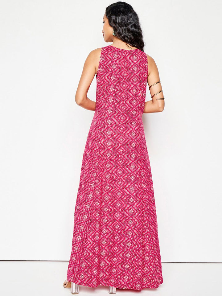 Global Desi Ethnic Printed Thread Work Fit & Flared Maxi Ethnic Dress