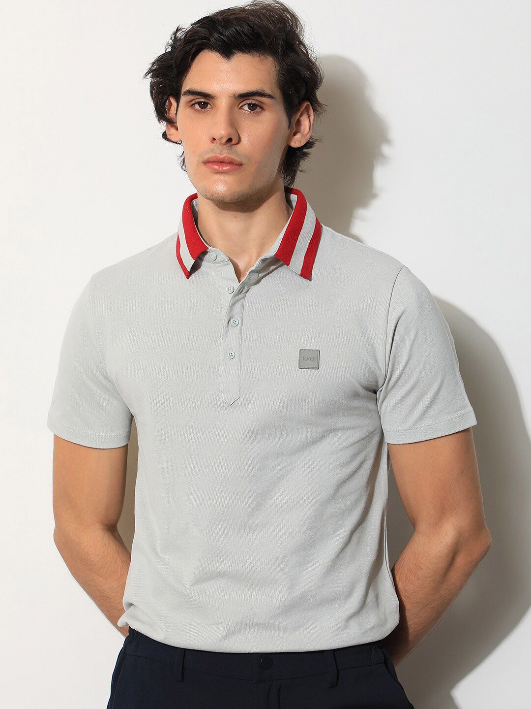 RARE RABBIT Men Divide Polo Collar Slim Fit Cotton T-Shirt
