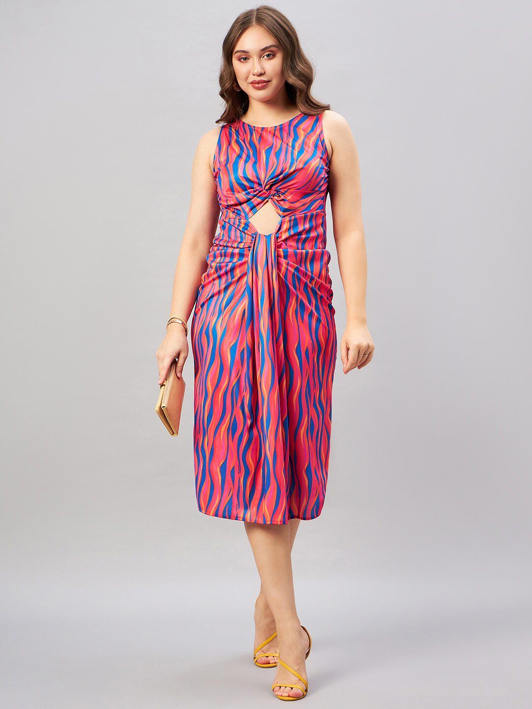 Antheaa Blue Abstract Printed Cut-Out A-Line Midi Dress