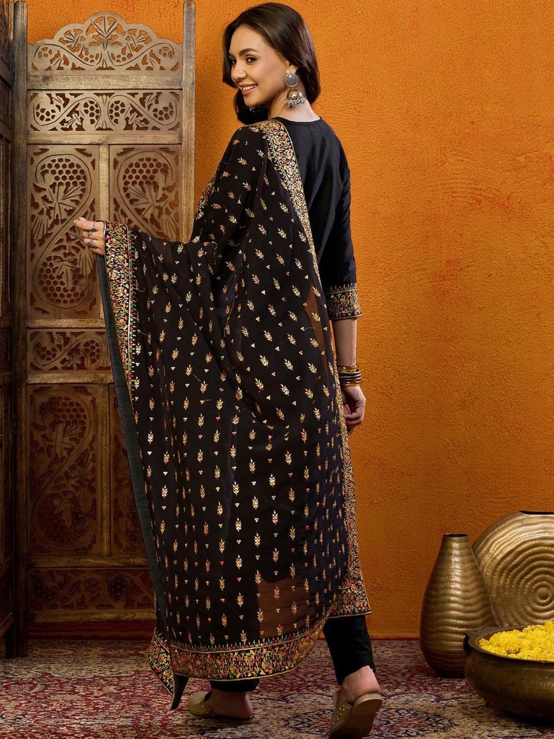 KALINI Ethnic Motifs Embroidered Thread Work Straight Kurta with Trousers & Dupatta