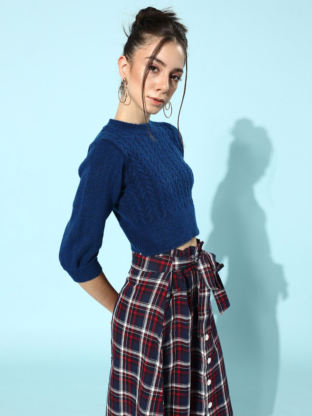 STREET 9 Women Blue Cable Knit Acrylic Crop Pullover