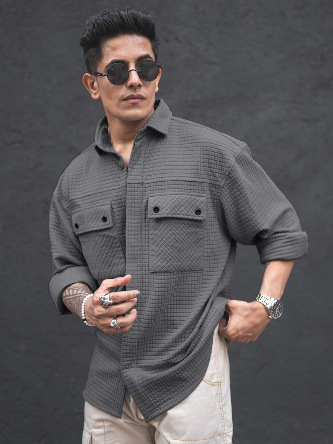 Powerlook India Slim Oversized Textured Self Design Spread Collar Knitted Casual Shirt