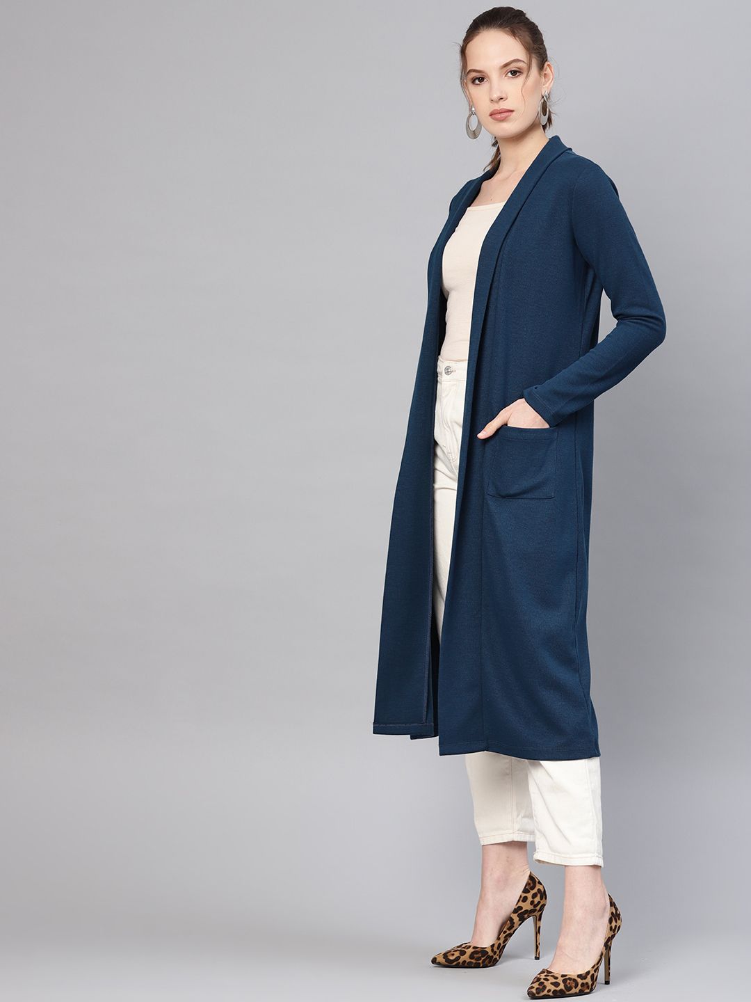 SASSAFRAS Women Teal Blue Longline Solid Open Front Winter Shrug